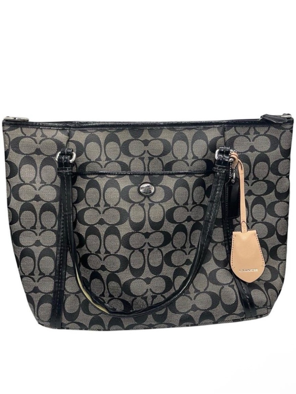 Coach Black and Gray Signature Canvas Tote with Leather Tag